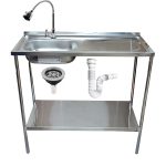 Lavaplatos Tramontina 100x50 cm base grifería tubo cromado con llave flexible