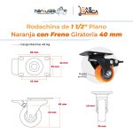 Rodachina  con freno de 1 1/2" Plano Naranja 40 mm Giratorio - Imagen 4