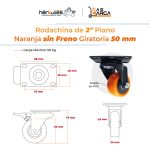Rodachina de 2" Plano Naranja, Sin Freno Giratorio 50 mm - Imagen 4