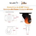 Rodachina 2 1/2" Sin Freno Plano, Naranja 65 mm - Imagen 4