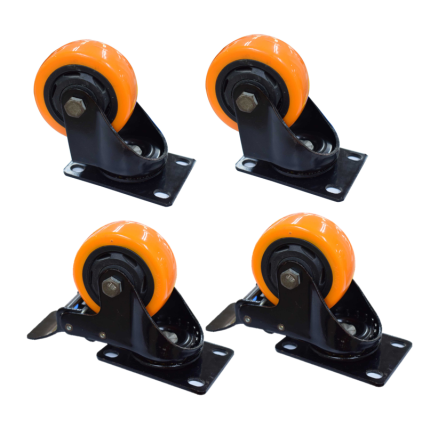 Rodachines 3" 75mm 2 con freno y 2 sin freno plano naranja giratorio 100kg por 4 unidades