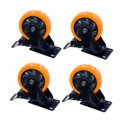 Rodachines Con Freno Giratorio 4" Plano Naranja 100Mm 120Kg por 4 unidades