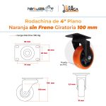 Rodachina 4" sin freno, Naranja Plano Giratorio 100mm 120Kg - Imagen 4