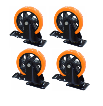 Rodachines 4 unidades de 5" Plano Naranja Con Freno Giratorio 125Mm 150Kg, hechas en polivinil / metal / plástico, doméstico y comercial, todo tipo de muebles marca Hérkules