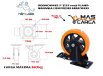 Rodachines 4 unidades de 5" Plano Naranja Con Freno Giratorio 125Mm 150Kg - Imagen 2