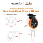 Rodachina de 5"sin freno, Plano Naranja Giratorio 125mm 140Kg - Imagen 4