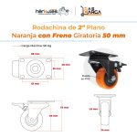 Rodachina de 2" con Freno, Giratorio Plano Naranja 50mm 50 Kg - Imagen 4