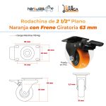 Rodachina 2" 1/2 con freno, Naranja Plano Giratorio 65mm - Imagen 4