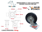 Rodachines 5" Plano 2 con freno 2 sin freno en caucho negro rin 125Mm 150Kg X 4 - Imagen 3