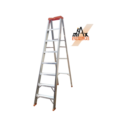 Escalera tijera de 8 peldaños 8 pasos en aluminio con tapa plástica 2.40 Mts