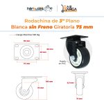 Rodachina 3" sin freno, Blanca Plano Giratorio 100mm 120Kg - Imagen 4